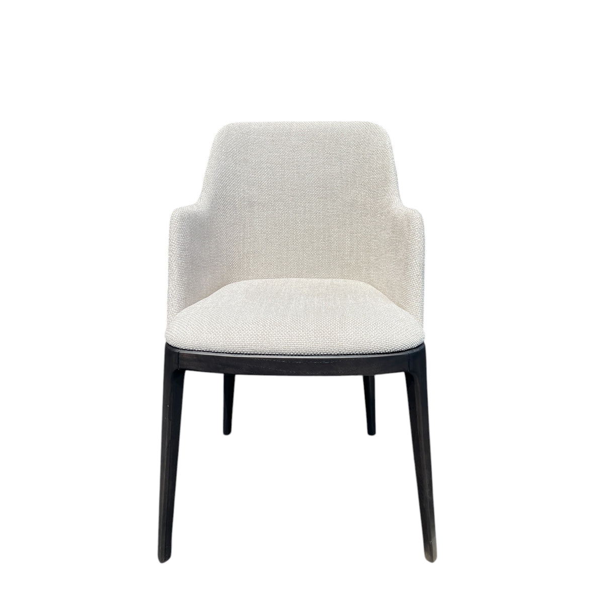 Compact dining armchair in natural upholstery with arms on a birch frame