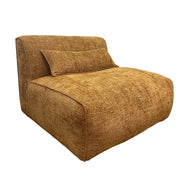 Modular one-seater in mustard fabric with curved corners and a low profile