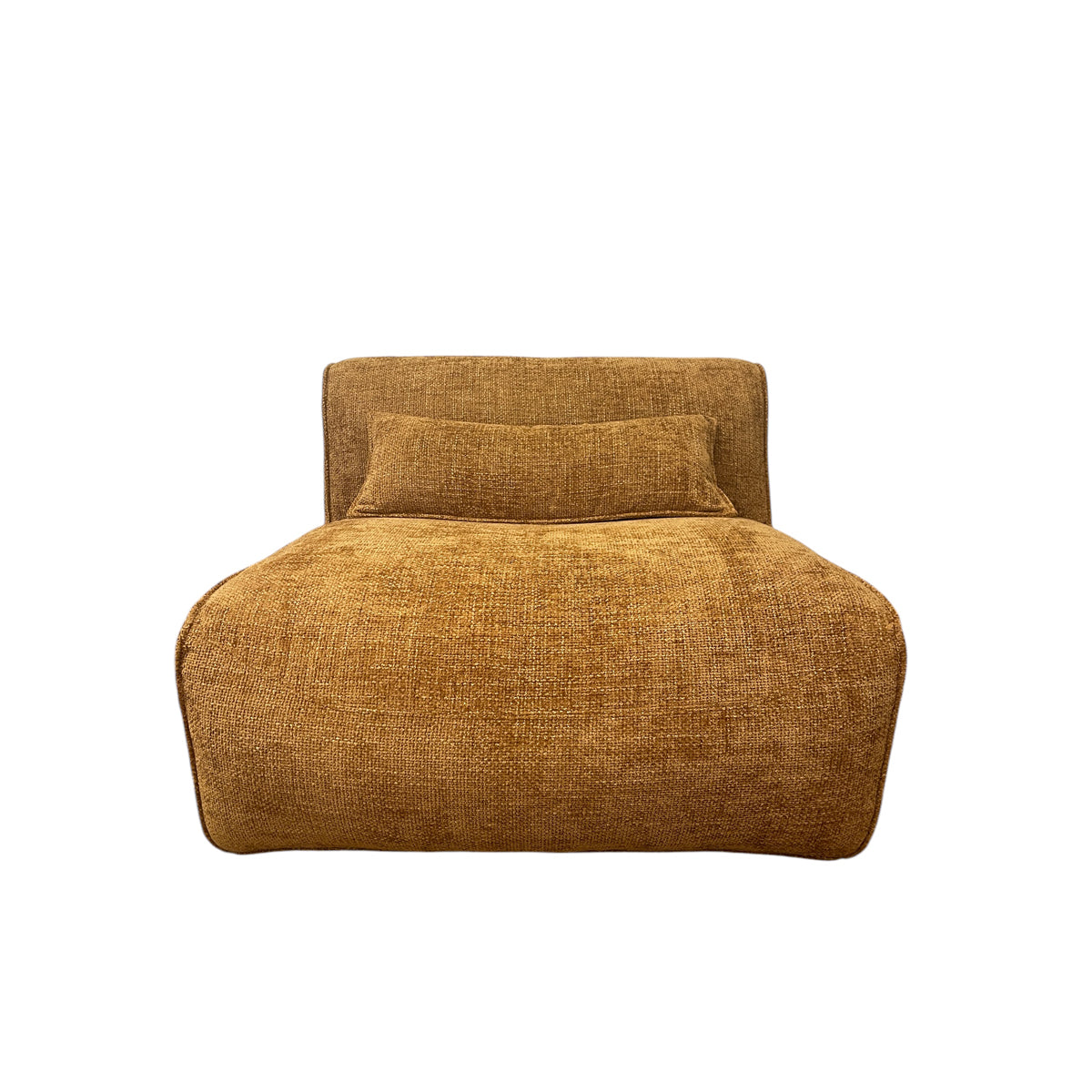 Modular one-seater in mustard fabric with curved corners and a low profile