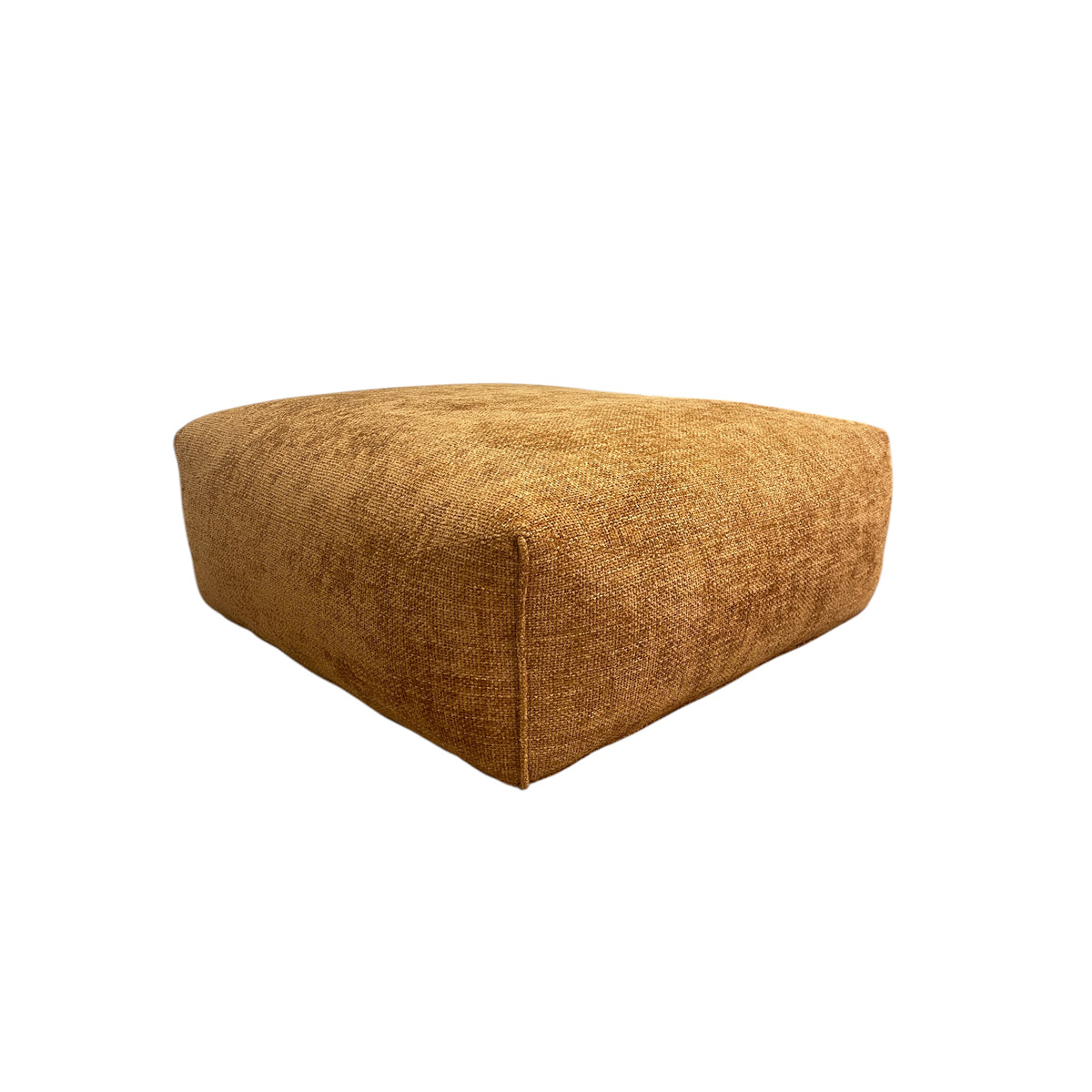 Fully upholstered mustard fabric ottoman with a low profile
