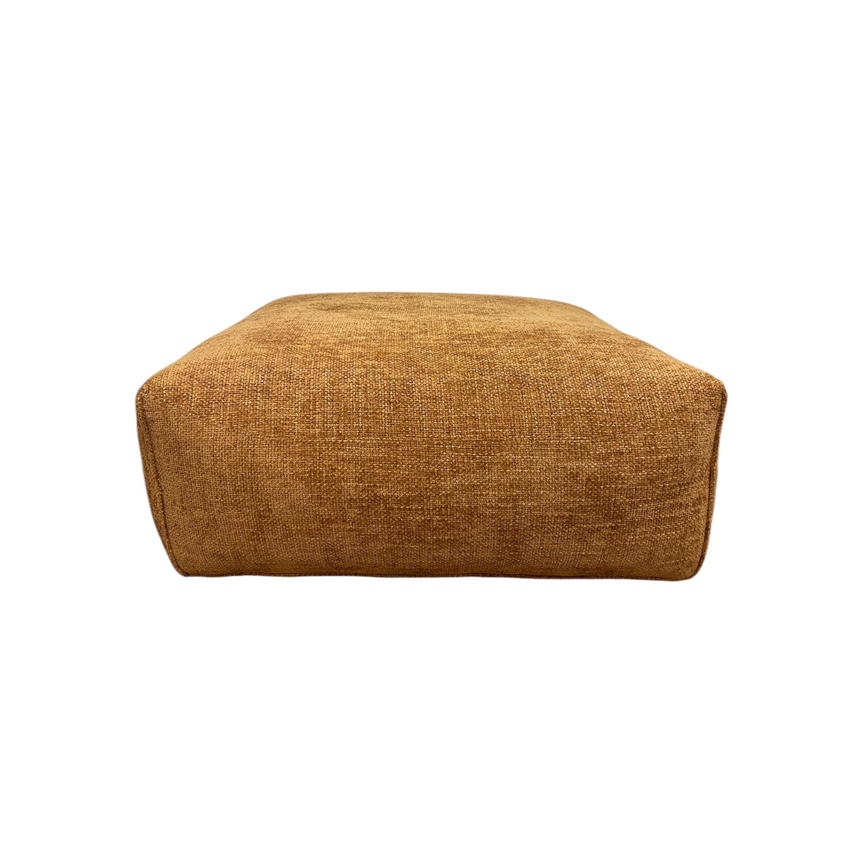 Fully upholstered mustard fabric ottoman with a low profile.