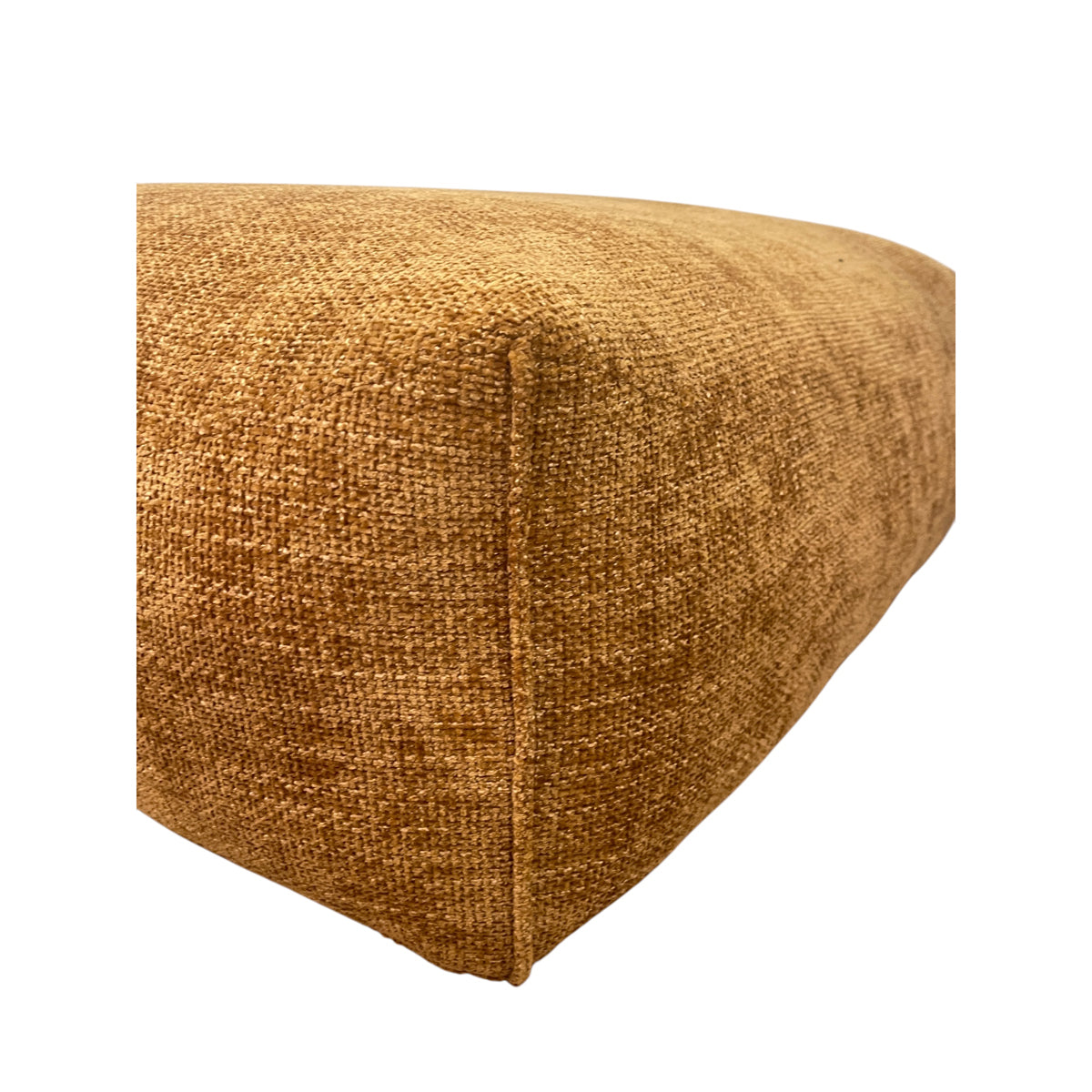 Fully upholstered mustard fabric ottoman with a low profile