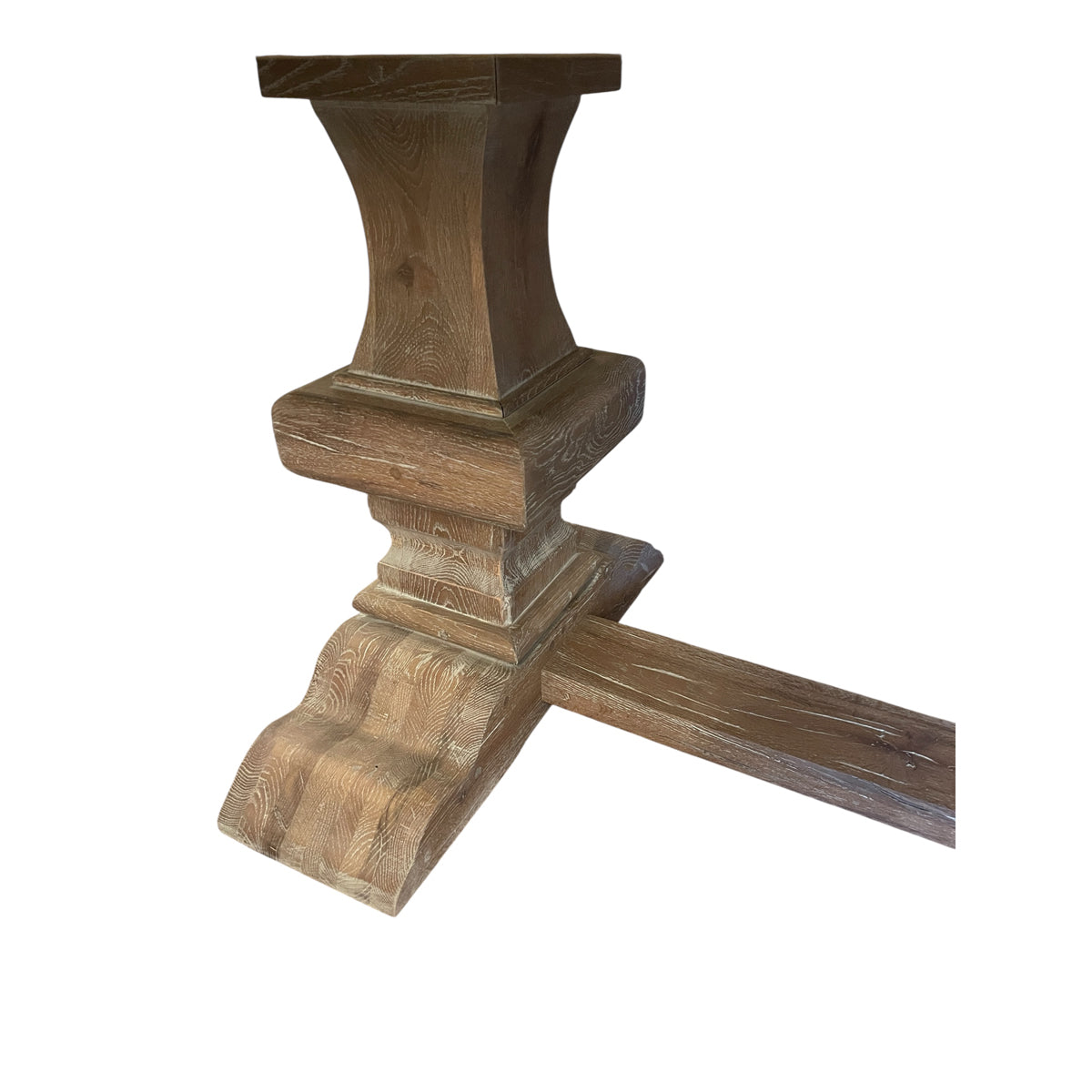 Large rustic oak dining table in grey wash on a trestle base