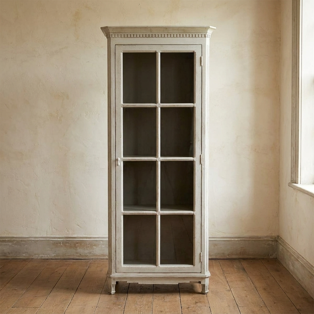 Lifestyle scene featuring Antique White Cabinet With Glass Doors. AI-generated supplementary image; refer to primary product photos for color and material accuracy.