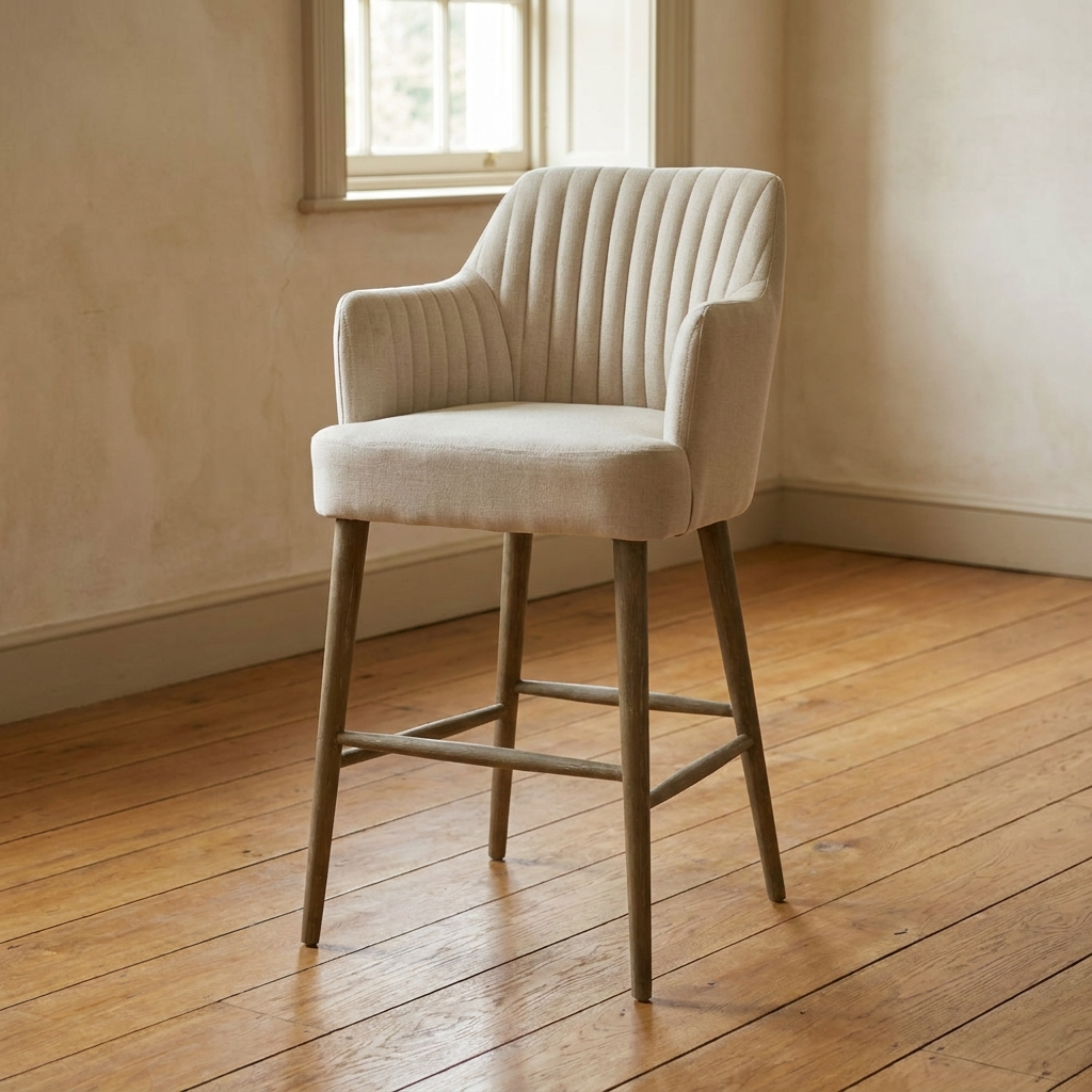 Lifestyle scene featuring Bar Stool With Arms In Ecru Linen. AI-generated supplementary image; refer to primary product photos for color and material accuracy.