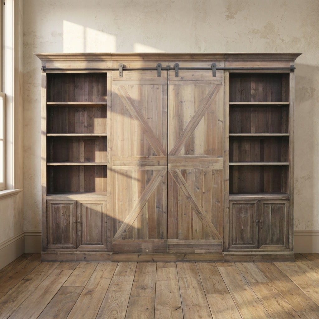 Lifestyle scene featuring Barn Door Entertainment Cabinet In Pine. AI-generated supplementary image; refer to primary product photos for color and material accuracy.