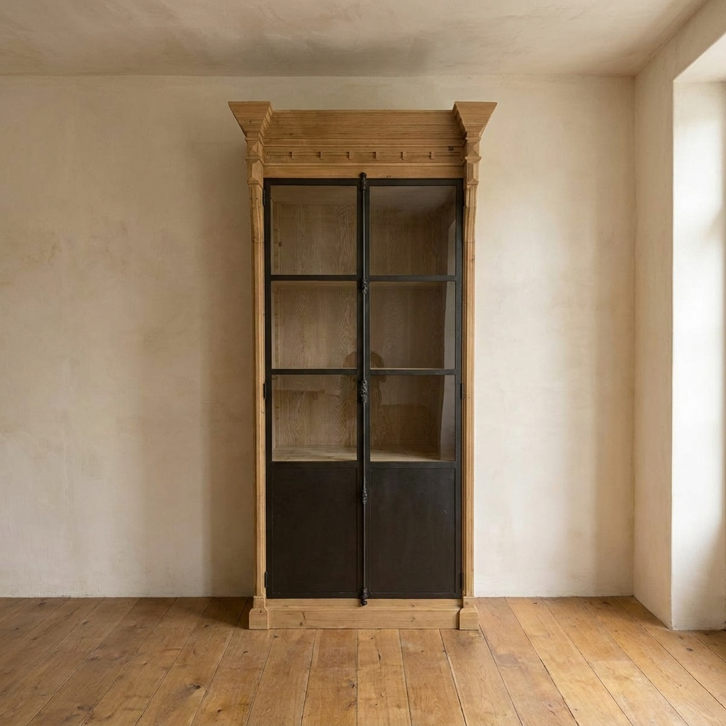 Lifestyle scene featuring Biedermeier Bookcase In Reclaimed Pine. AI-generated supplementary image; refer to primary product photos for color and material accuracy.