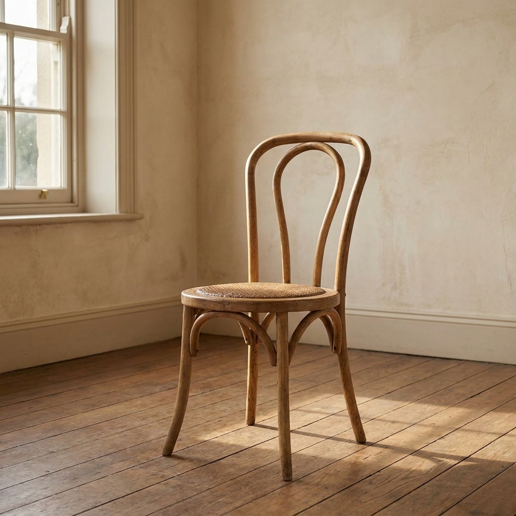 Lifestyle scene featuring Bistro Chair With Woven Seat In Oak. AI-generated supplementary image; refer to primary product photos for color and material accuracy.