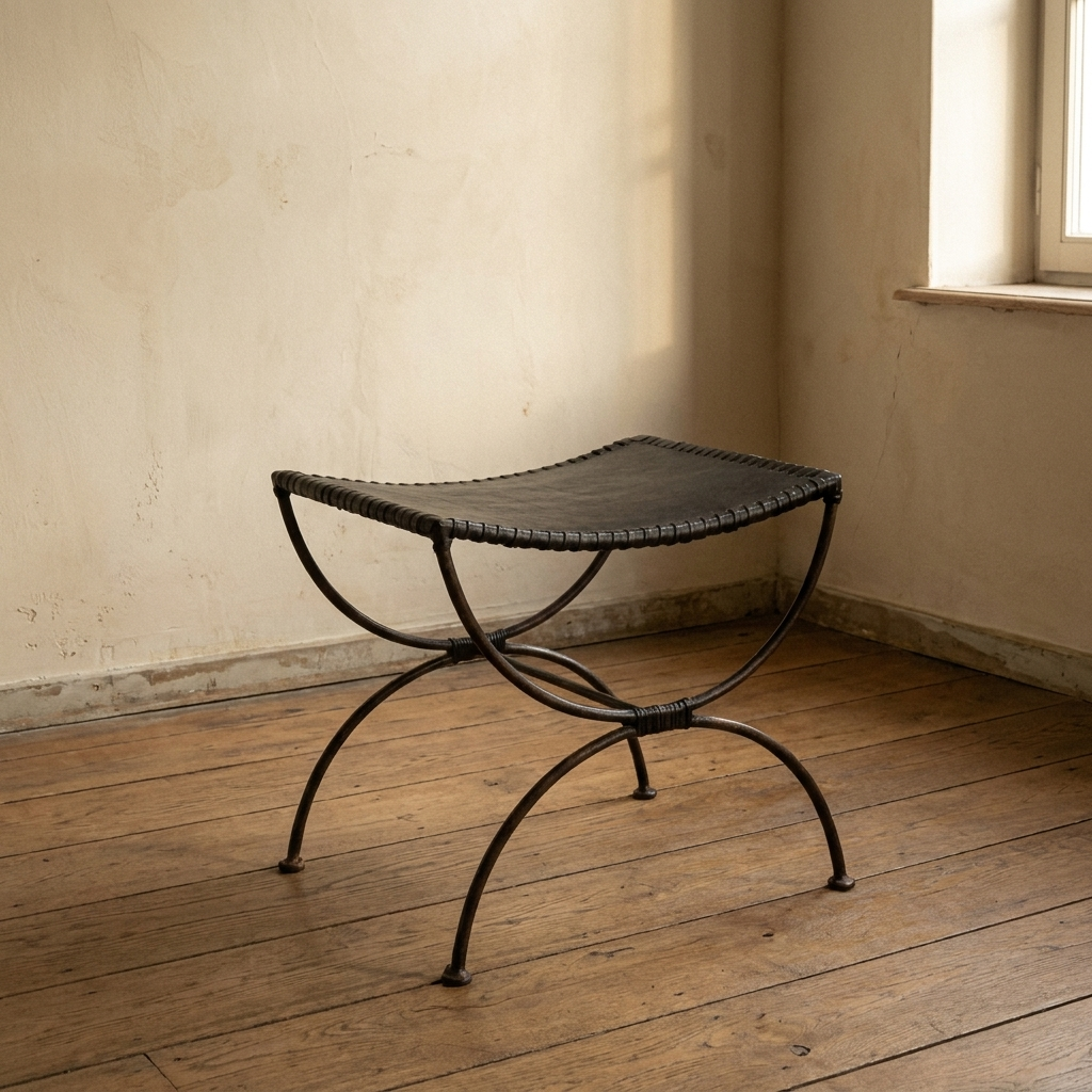 Lifestyle scene featuring Black Leather Stool With Iron Frame. AI-generated supplementary image; refer to primary product photos for color and material accuracy.