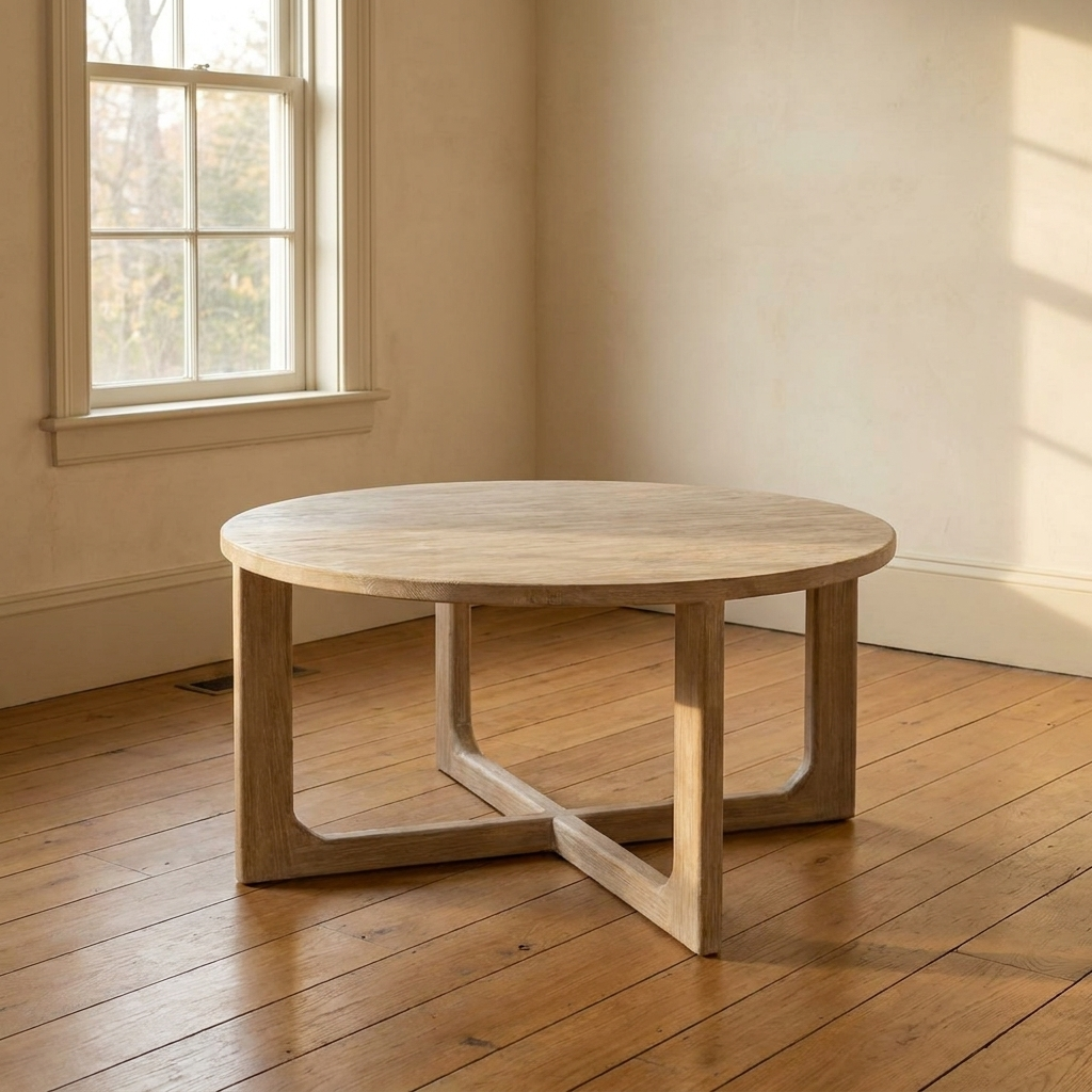 Lifestyle scene featuring Bleached Elm Coffee Table W/Cross. AI-generated supplementary image; refer to primary product photos for color and material accuracy.