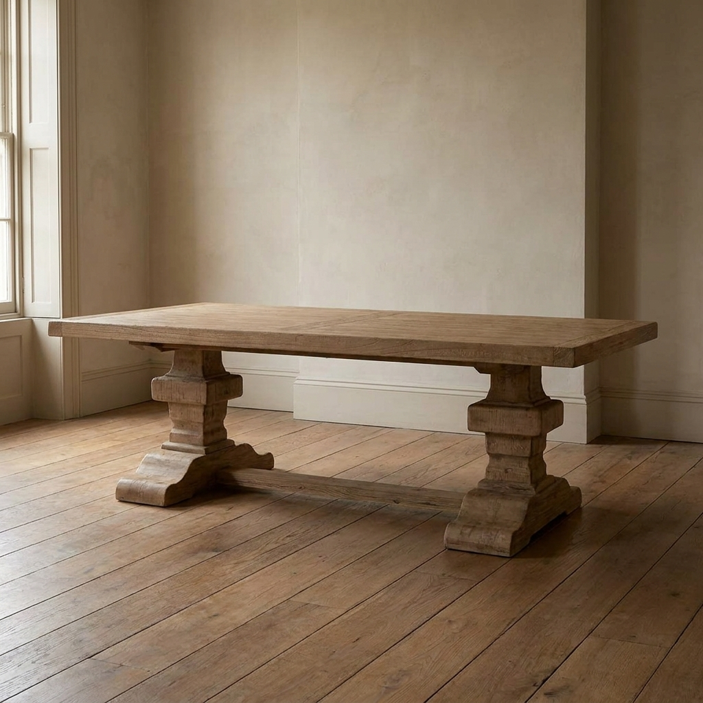 Lifestyle scene featuring Bleached Old Elm Dining Table Small. AI-generated supplementary image; refer to primary product photos for color and material accuracy.