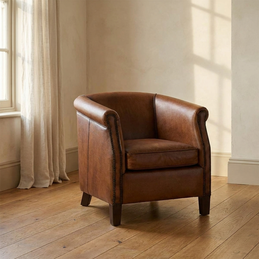 Lifestyle scene featuring Bourgogne Armchair In Antiqued Buffalo. AI-generated supplementary image; refer to primary product photos for color and material accuracy.