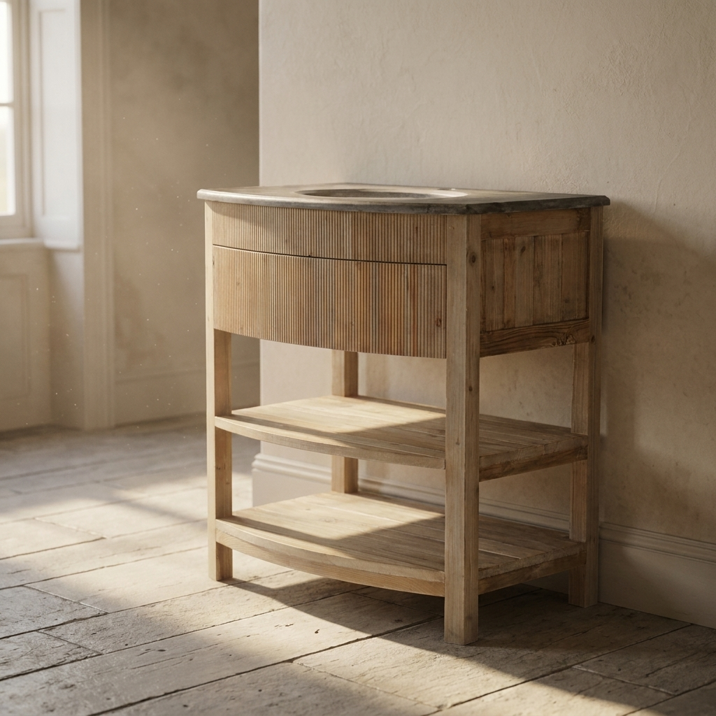 Lifestyle scene featuring Bowfront Galleried Vanity in Natural. AI-generated supplementary image; refer to primary product photos for color and material accuracy.