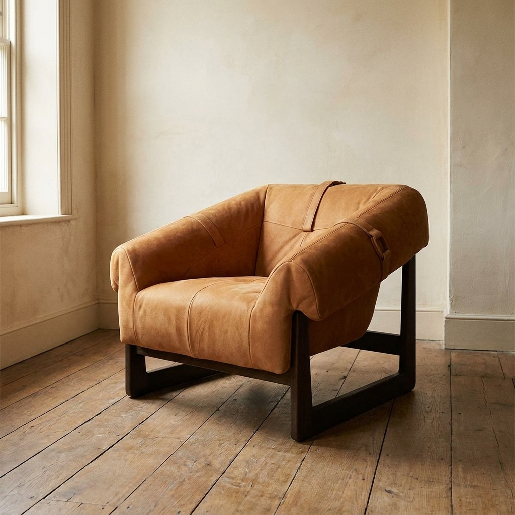 Lifestyle scene featuring Bruce Club Chair in Sierra Cognac Suade. AI-generated supplementary image; refer to primary product photos for color and material accuracy.