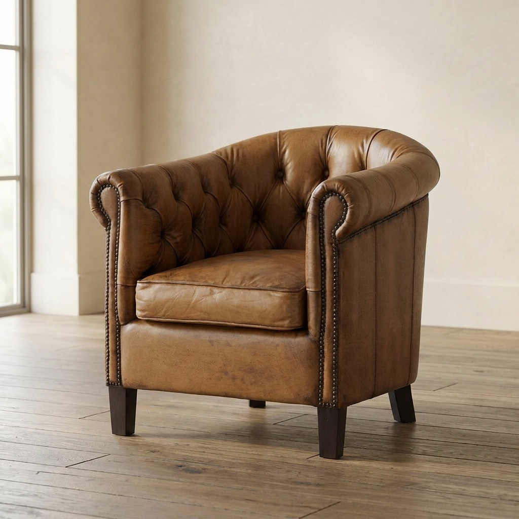 Lifestyle scene featuring Burton Tufted Club Chair Antique Buffalo. AI-generated supplementary image; refer to primary product photos for color and material accuracy.