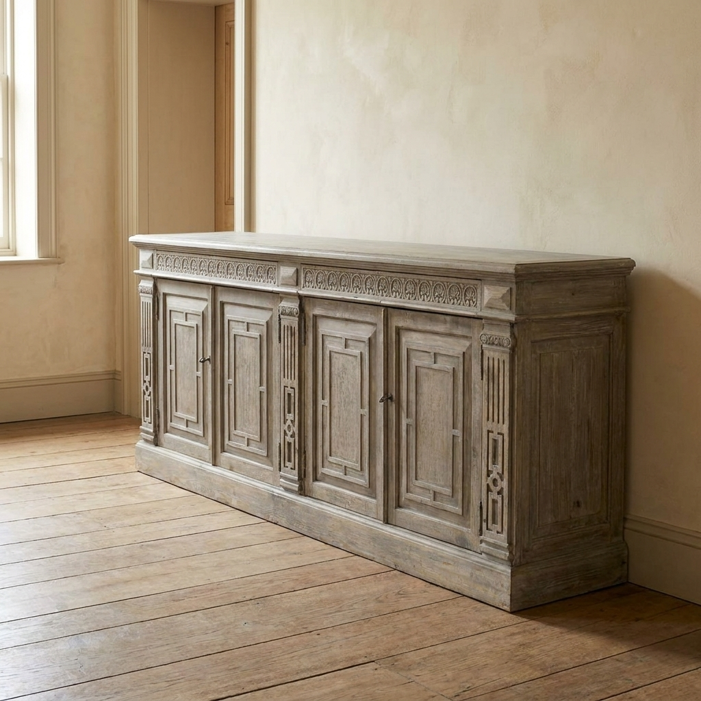 Lifestyle scene featuring Carved Four Door Four Drawer Sideboard. AI-generated supplementary image; refer to primary product photos for color and material accuracy.