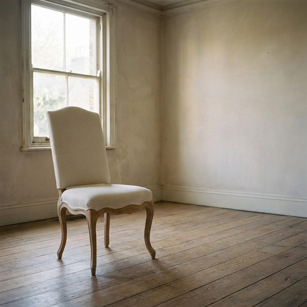 Lifestyle scene featuring Cathy Dining Chair Distressed Pine/Linen. AI-generated supplementary image; refer to primary product photos for color and material accuracy.
