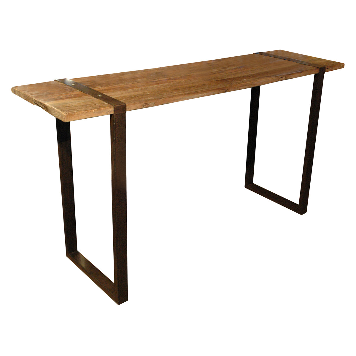 Reclaimed elm console table on an open square iron base
