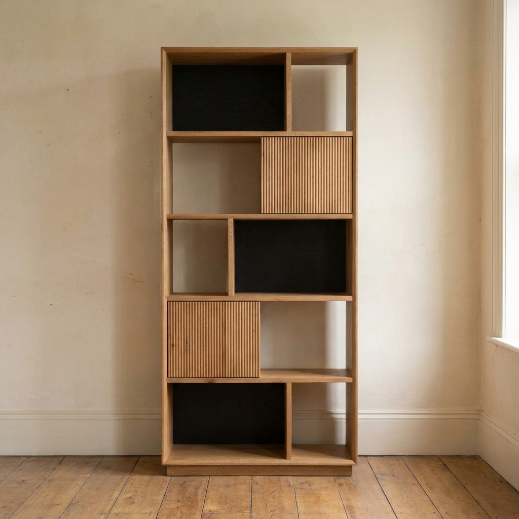 Lifestyle scene featuring Dawson Bookcase In Oak-Honey. AI-generated supplementary image; refer to primary product photos for color and material accuracy.