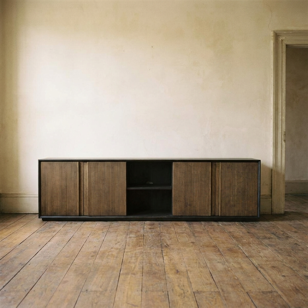 Lifestyle scene featuring Dawson Entertainment Console In Oak. AI-generated supplementary image; refer to primary product photos for color and material accuracy.