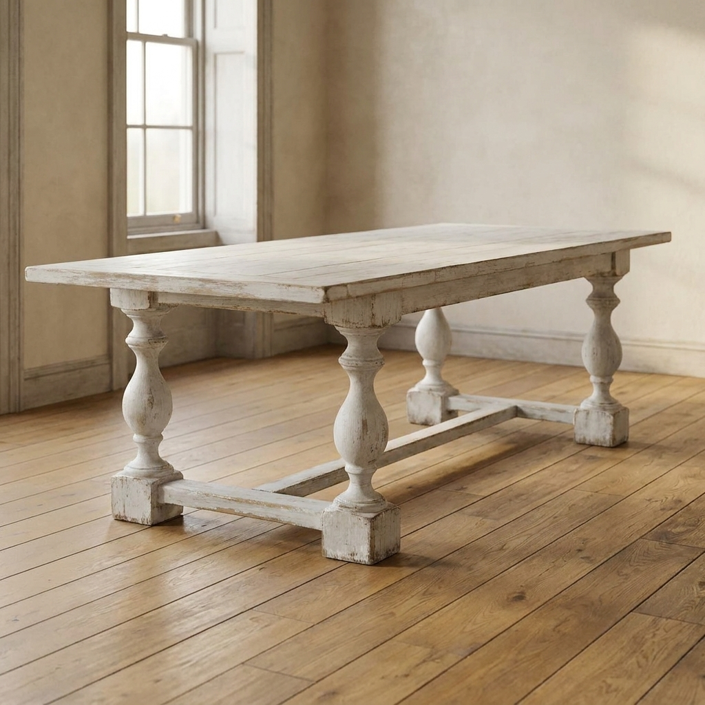 Lifestyle scene featuring Dining Table In Distressed Antique White. AI-generated supplementary image; refer to primary product photos for color and material accuracy.