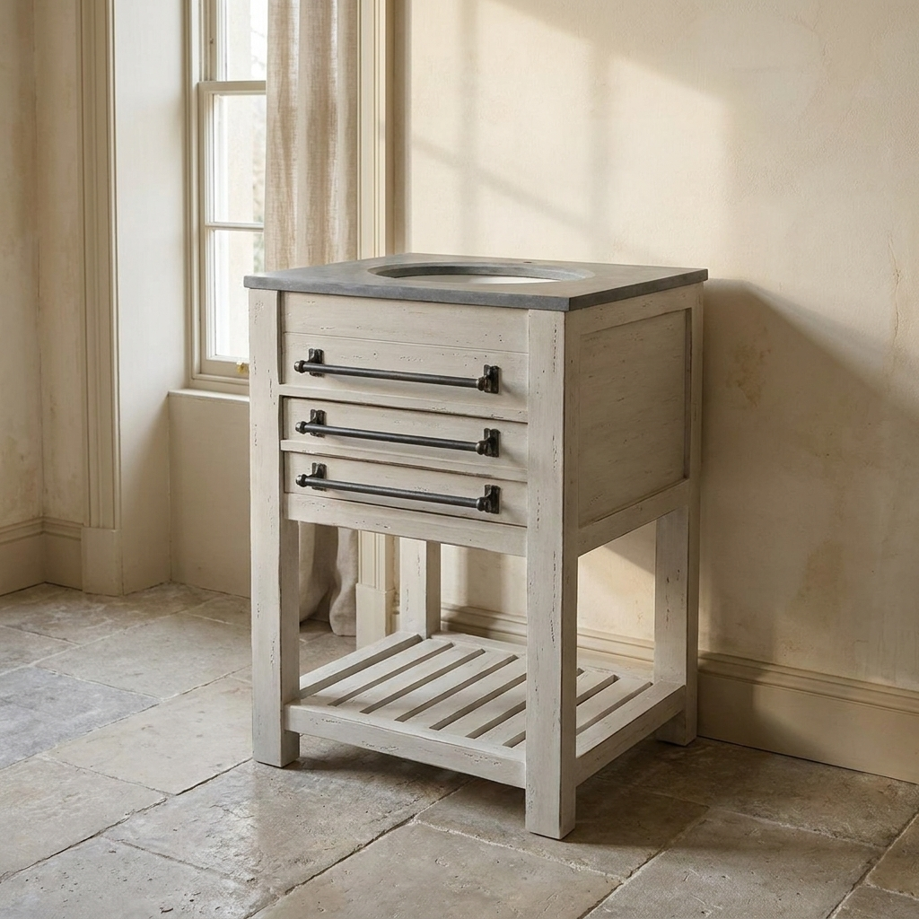 Lifestyle scene featuring Distressed White Single Vanity. AI-generated supplementary image; refer to primary product photos for color and material accuracy.