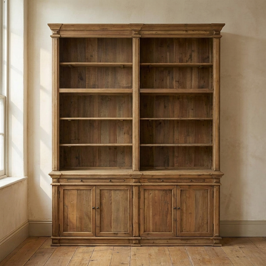 Lifestyle scene featuring Double Bookcase In Reclaimed Pine. AI-generated supplementary image; refer to primary product photos for color and material accuracy.