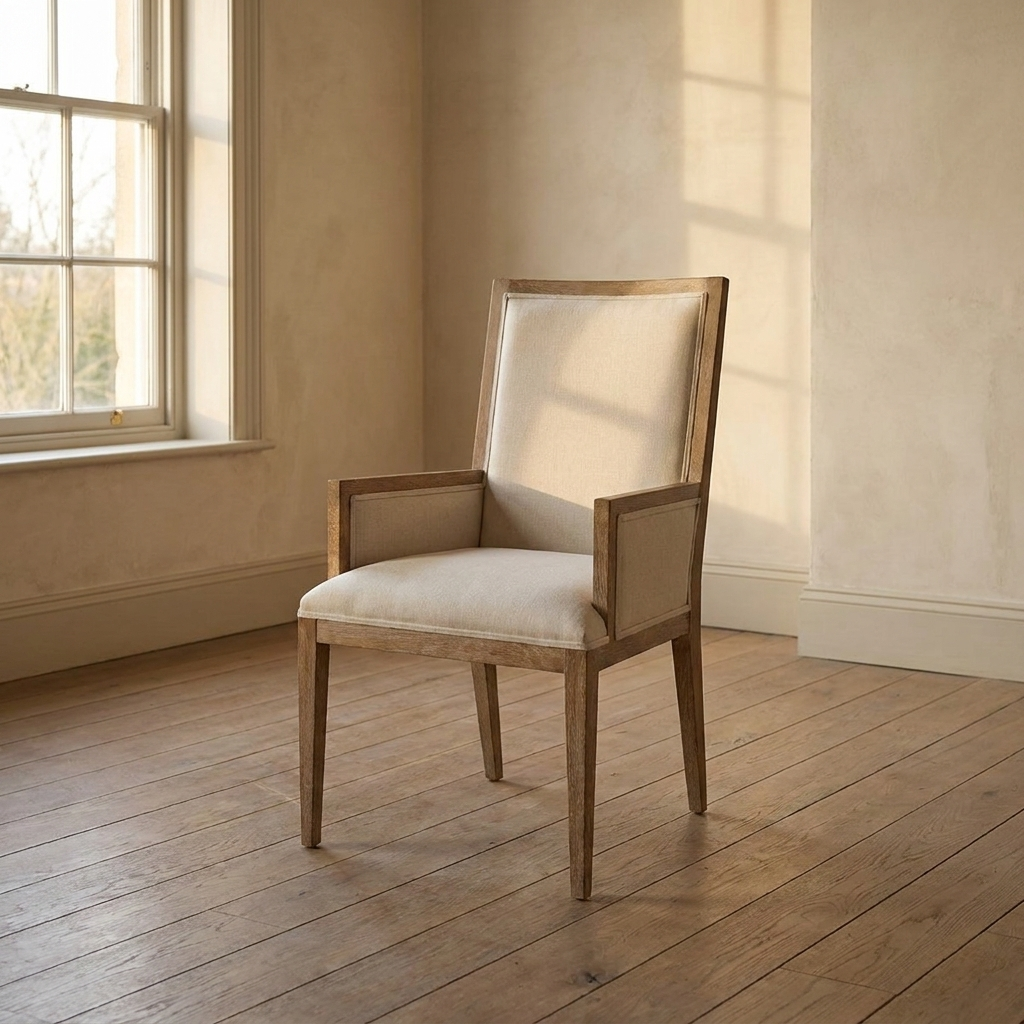 Lifestyle scene featuring Ecru Linen Arm Chair With Oak Frame. AI-generated supplementary image; refer to primary product photos for color and material accuracy.