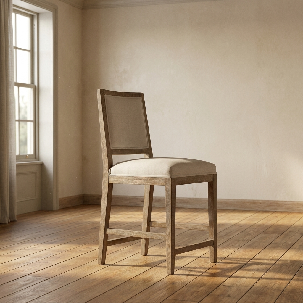 Lifestyle scene featuring Ecru Linen Counter Chair With Oak Frame. AI-generated supplementary image; refer to primary product photos for color and material accuracy.