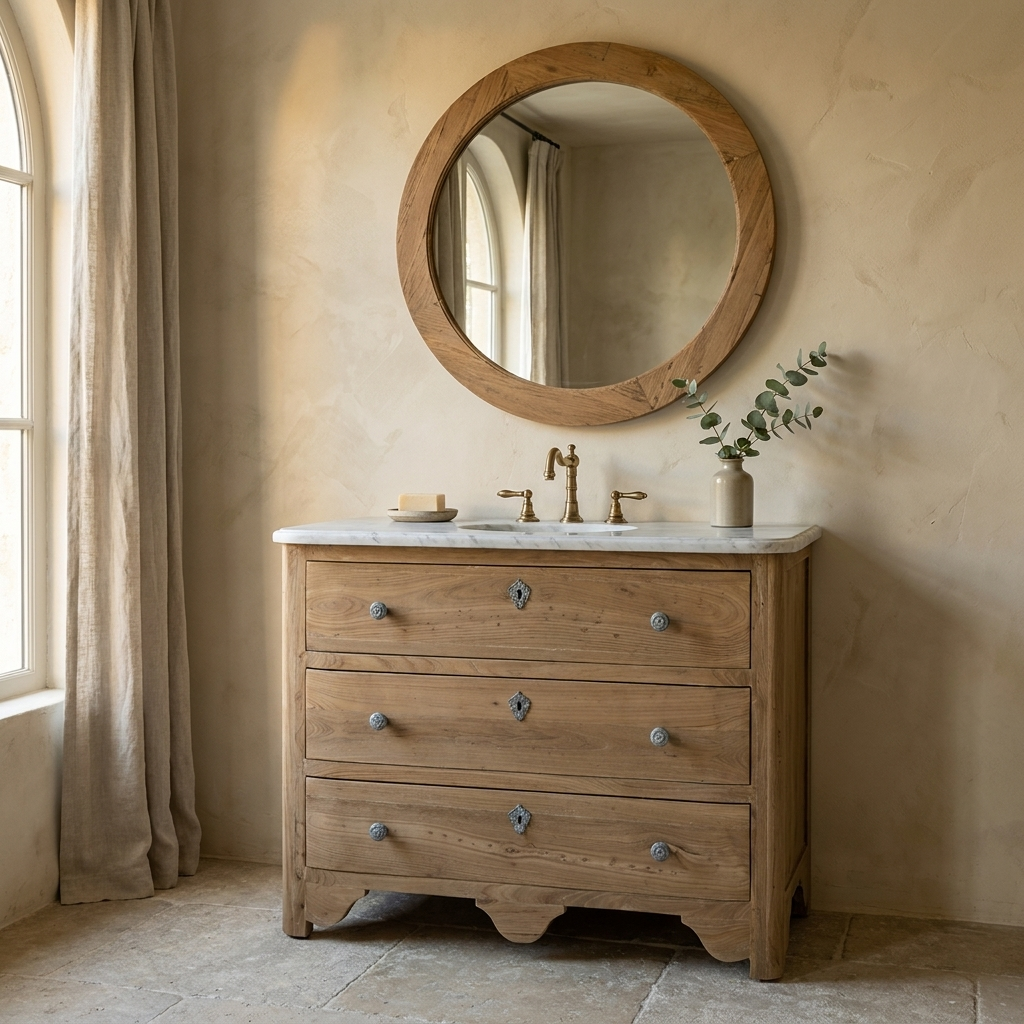 Emma Grace Home bathroom collection shown in a styled room setting with a reclaimed pine marble-top vanity and round oak mirror — illustrative AI visualization