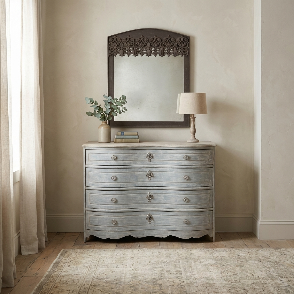 Emma Grace Home bedroom collection shown in a styled room setting with a French-blue Lori chest of drawers and a hand-carved arched Hampden mirror — illustrative AI visualization