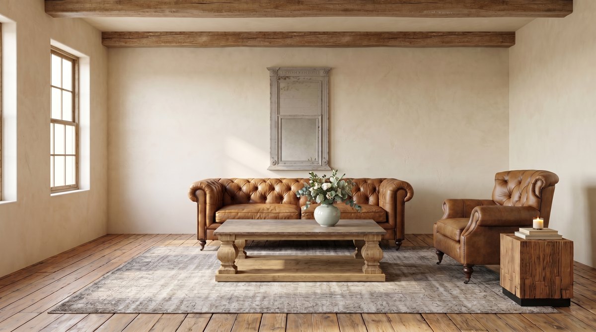 Emma Grace Home living room with a tan Chesterfield leather sofa and club chair, reclaimed wood coffee table and antique mirror