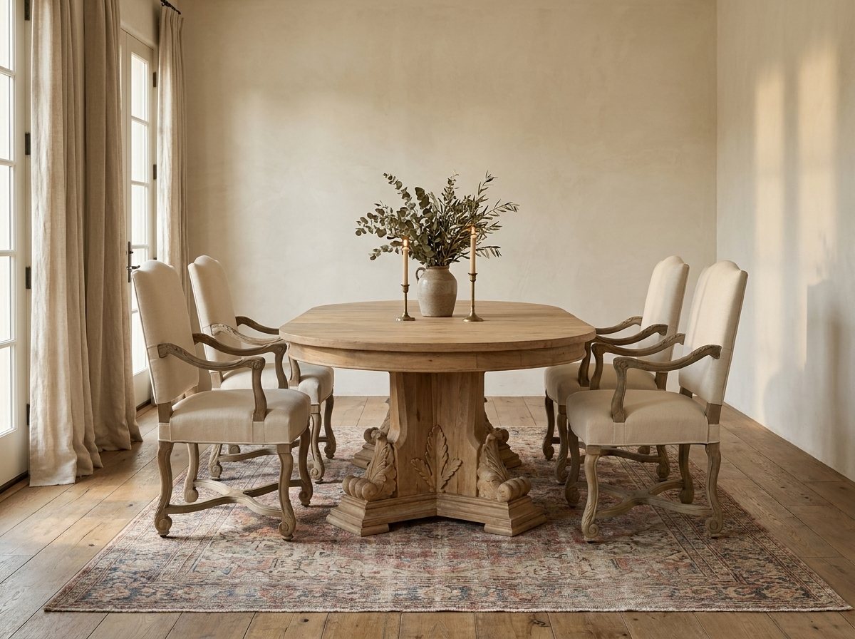 Emma Grace Home dining room collection shown in a styled room setting with an Edison oval reclaimed-wood dining table and Dafny carved-oak-and-linen armchairs — illustrative AI visualization
