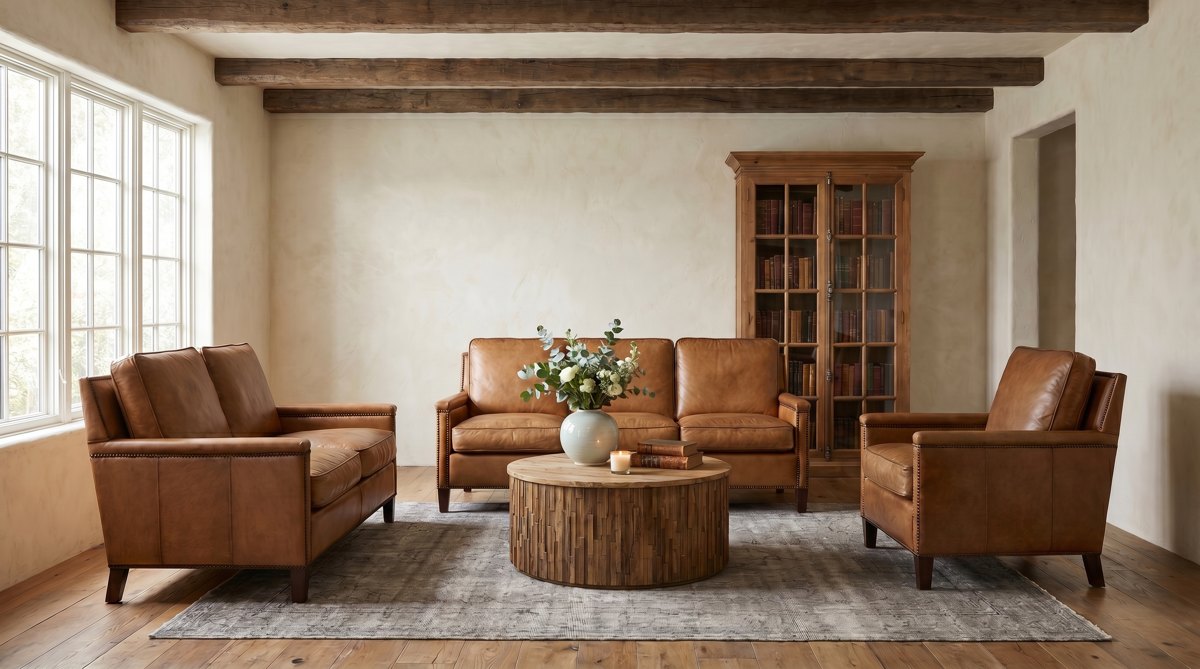 Emma Grace Home living room with Keswick antique buffalo leather sofas, Keswick club chair and a glazed pine bookcase filled with books