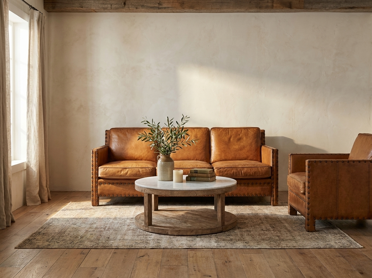 Emma Grace Home living room collection shown in a styled room setting with a Broadford antique buffalo leather sofa and armchair and a round oak-and-marble coffee table — illustrative AI visualization