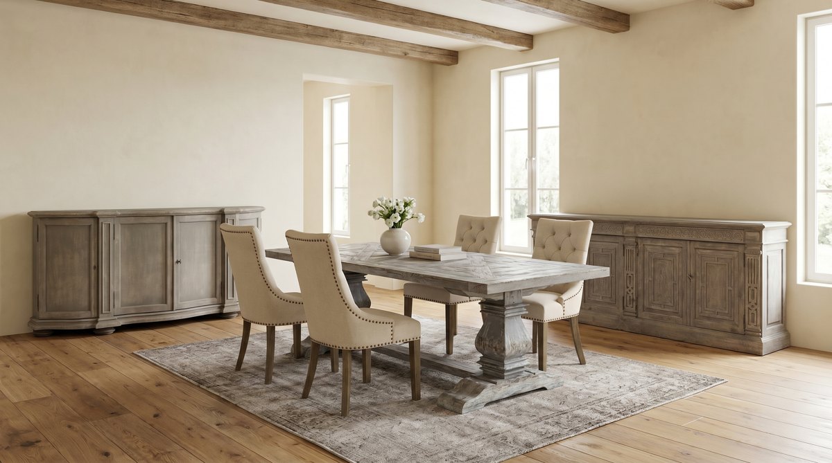 Emma Grace Home dining room with a grey-washed parquet baluster table, tufted ecru linen nailhead chairs, a bowfront sideboard and a carved four-door sideboard