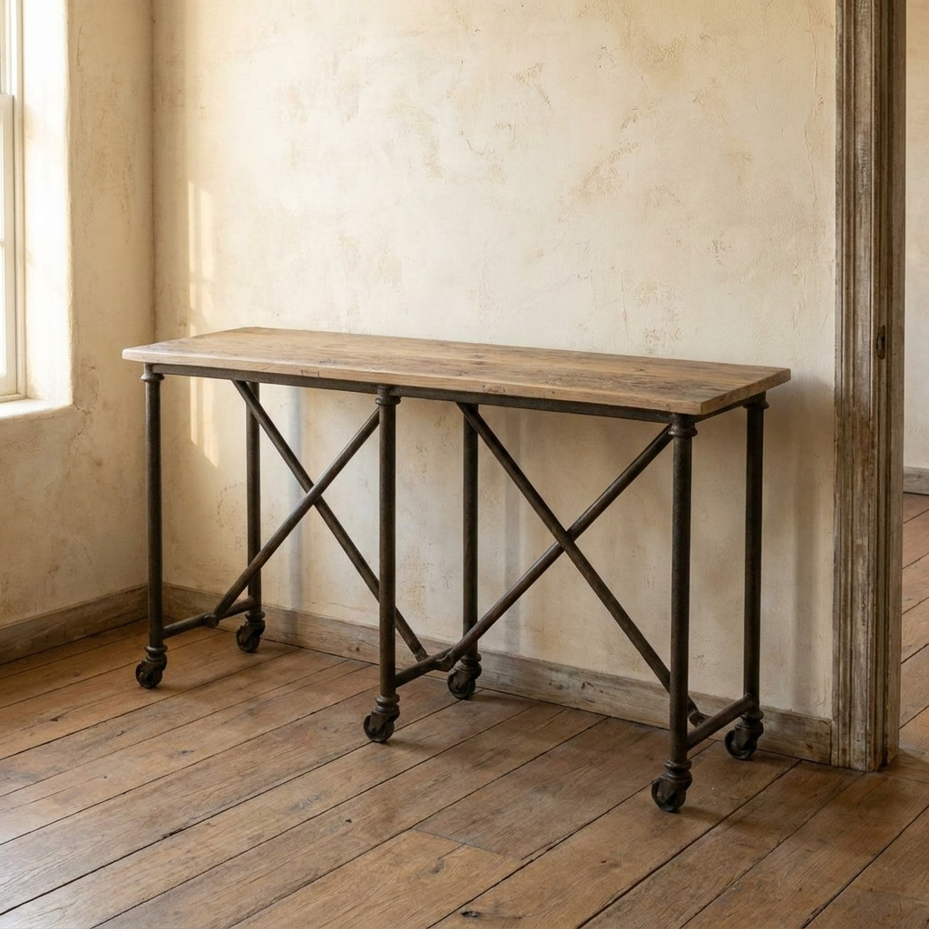 Lifestyle scene featuring Elm And Iron Console W/ Cross Base. AI-generated supplementary image; refer to primary product photos for color and material accuracy.