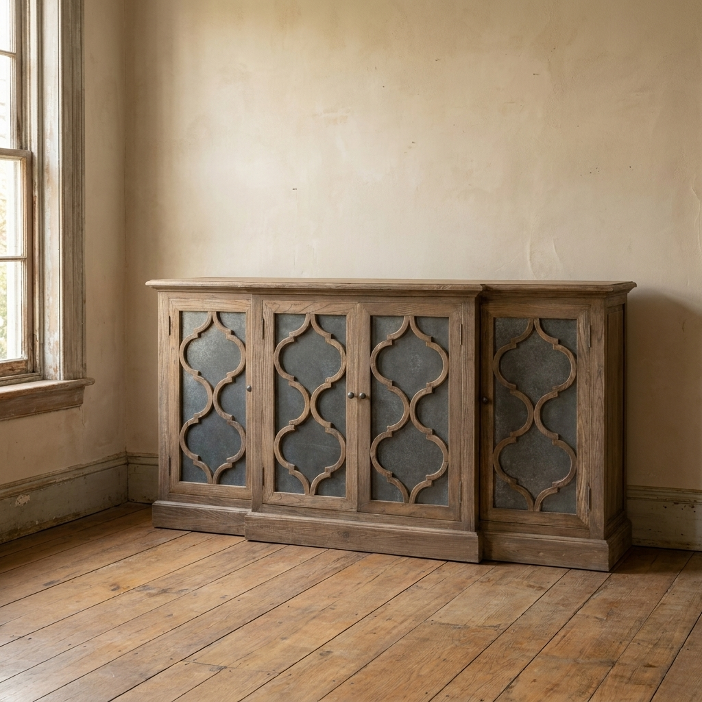 Lifestyle scene featuring Elm Breakfront Sideboard W/Zinc Panel. AI-generated supplementary image; refer to primary product photos for color and material accuracy.