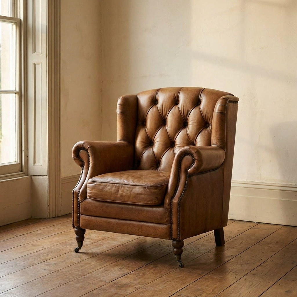 Lifestyle scene featuring Florence Armchair In Antiqued Buffalo. AI-generated supplementary image; refer to primary product photos for color and material accuracy.