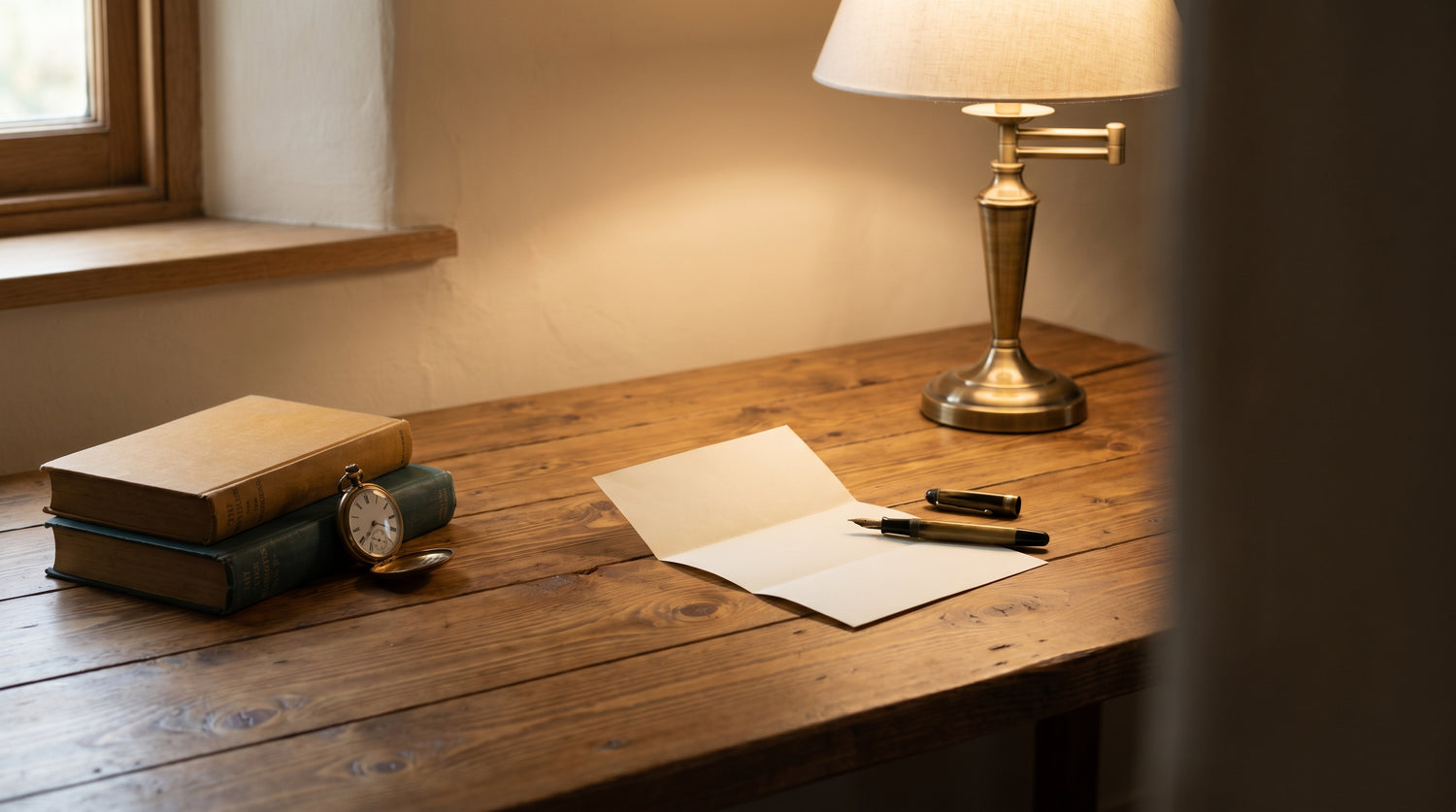A folded blank letter resting on a reclaimed pine desk beside an antique brass desk lamp, a fountain pen at rest, two vintage cloth-bound books, and an open brass pocket watch, with soft window light at the left.