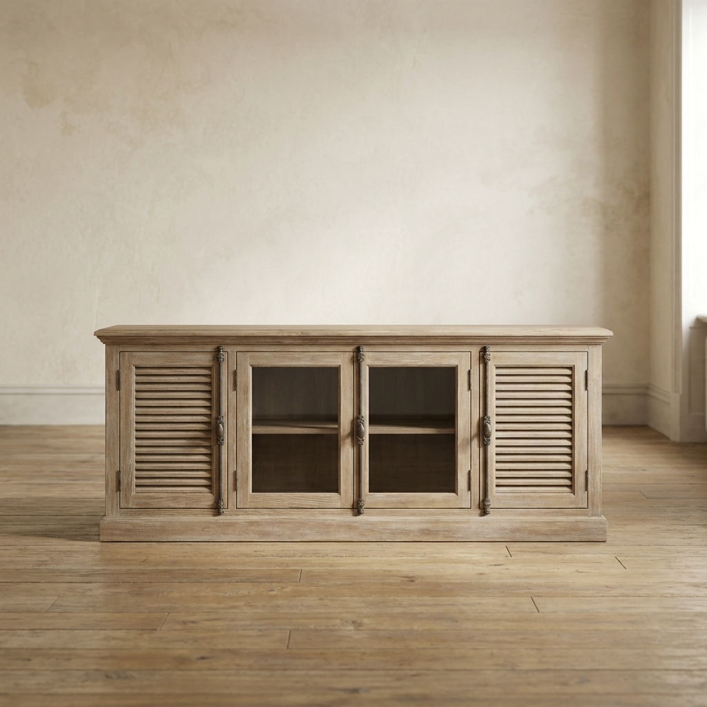 Lifestyle scene featuring French Casement Media Console Washed. AI-generated supplementary image; refer to primary product photos for color and material accuracy.