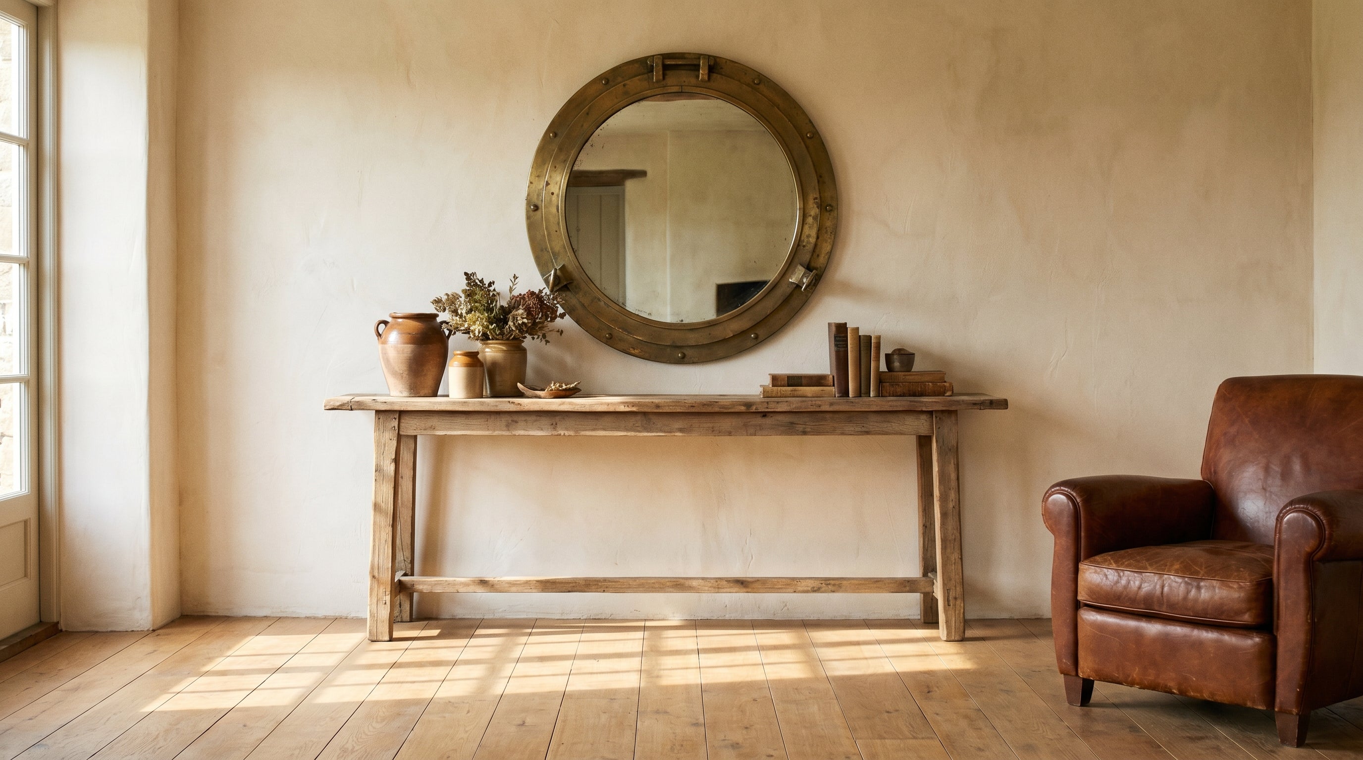 Reclaimed pine console table with brass porthole mirror and antique buffalo leather club chair in a warm cream plaster room