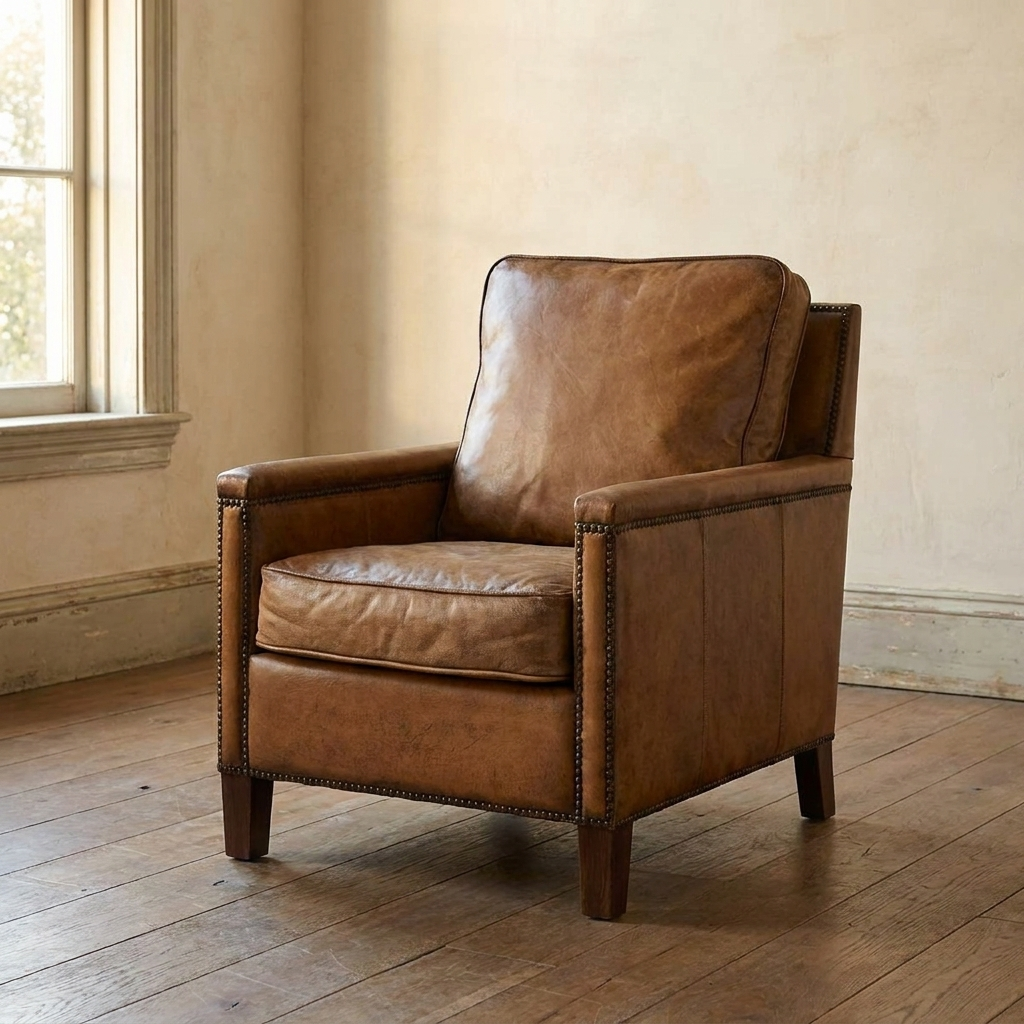 Lifestyle scene featuring Keswick Club Chair in Antique Buffalo Leather. AI-generated supplementary image; refer to primary product photos for color and material accuracy.