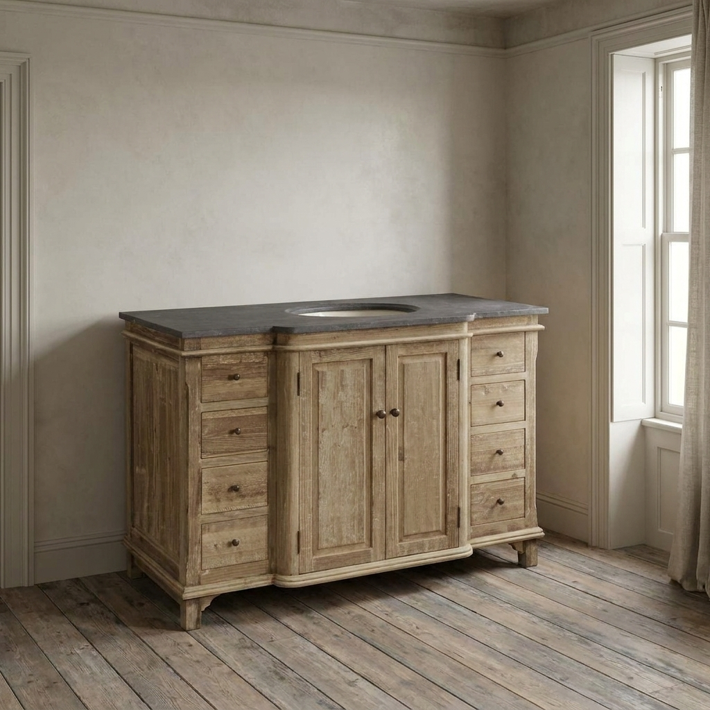 Lifestyle scene featuring Large Single Vanity Panel Door, Washed. AI-generated supplementary image; refer to primary product photos for color and material accuracy.