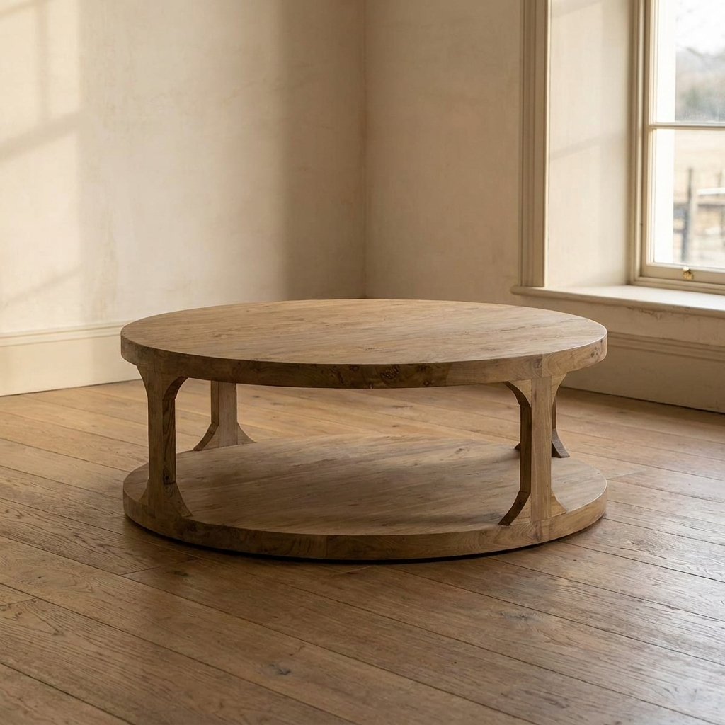 Lifestyle scene featuring Laurent Coffee Table Reclaimed Pine. AI-generated supplementary image; refer to primary product photos for color and material accuracy.