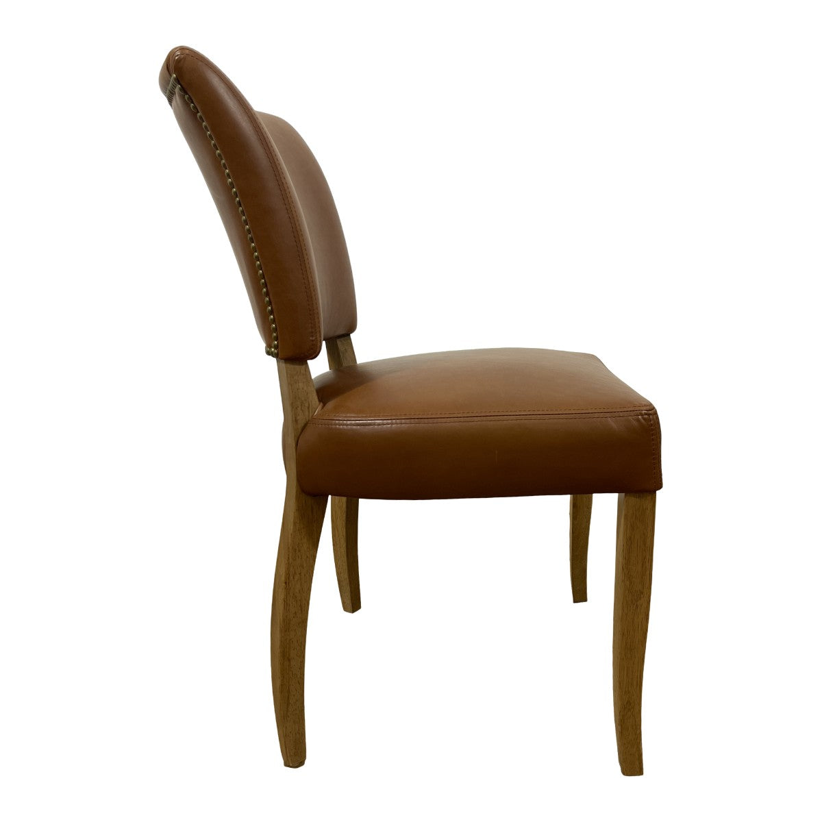 Compact dining chair with saddle leather seat and back on a weathered oak frame