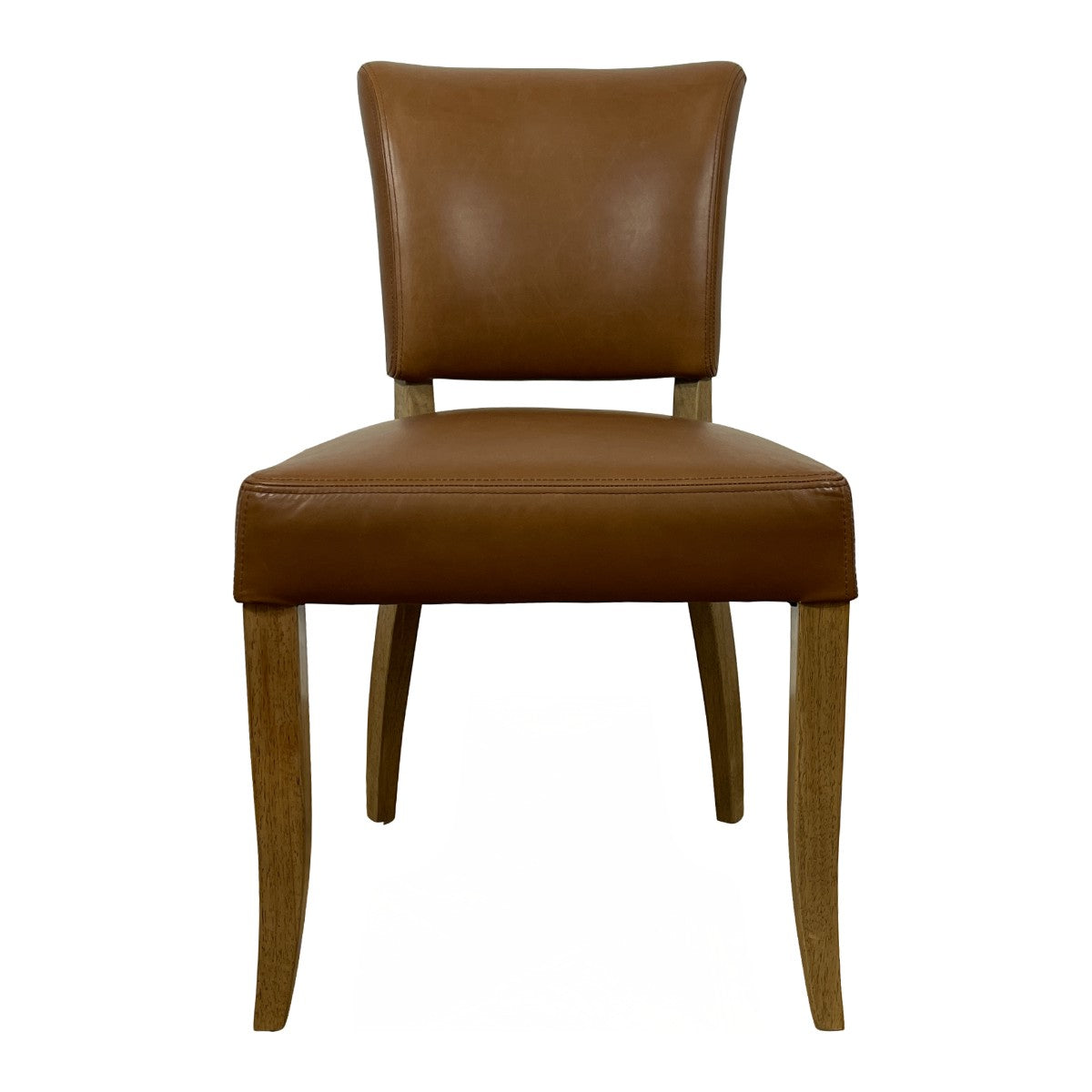 Compact dining chair with saddle leather seat and back on a weathered oak frame