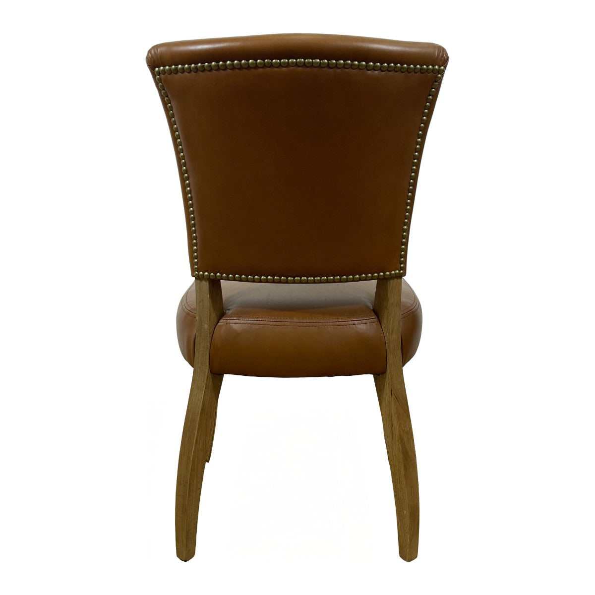 Compact dining chair with saddle leather seat and back on a weathered oak frame