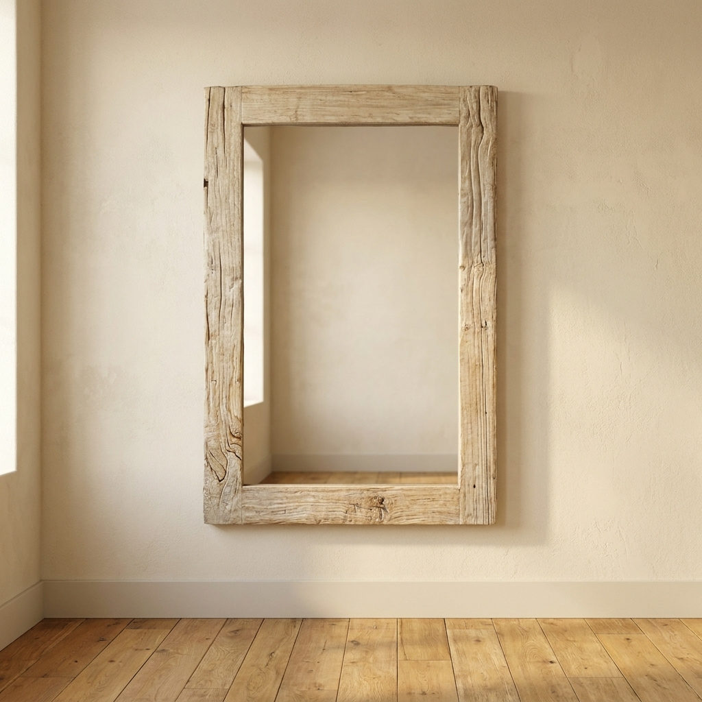 Lifestyle scene featuring Mirror In Bleached Reclaimed Elm. AI-generated supplementary image; refer to primary product photos for color and material accuracy.