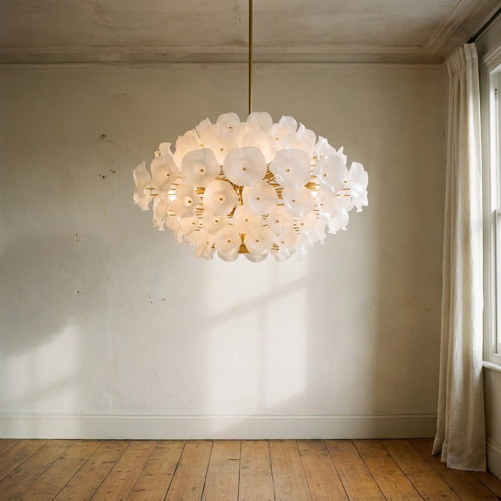 Lifestyle scene featuring Newman Chandelier In Brass. AI-generated supplementary image; refer to primary product photos for color and material accuracy.